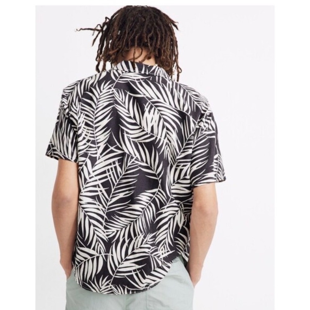 Madewell Mens Large Black White Tropical Palm Leaf Linen Blend Camp Shirt L